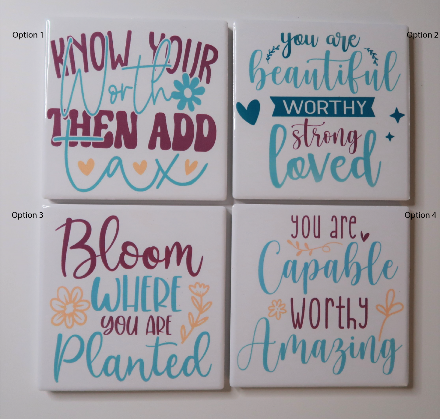 Positivity Coasters, paroles positives, encourageantes, belles paroles, dessous de verre, décoration de table, décoration de cuisine